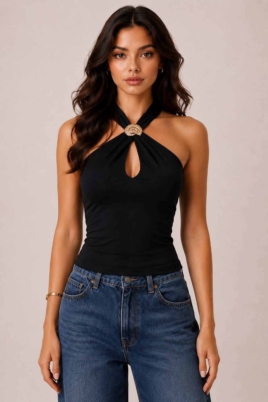 JK57354 - FRONT METAL SHELL TRIM CUT OUT HALTER TANK TOP