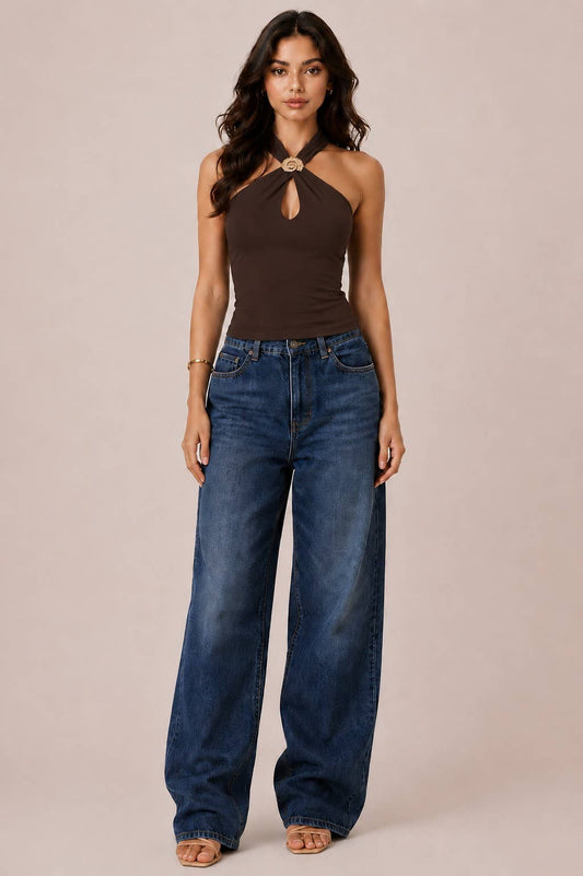 JK57354 - FRONT METAL SHELL TRIM CUT OUT HALTER TANK TOP
